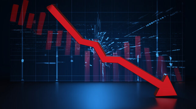 Gr&aacute;fico financeiro em queda representa preju&iacute;zo, crise econ&ocirc;mica, instabilidade de mercado, risco em investimentos e desempenho negativo de indicadores financeiros.