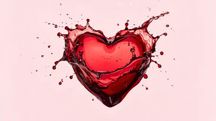 Creative high-speed splash of red liquid (wine, juice or blood) forming a heart symbol. Concept of love, vitality, Valentine's Day or cardiology on pastel background.