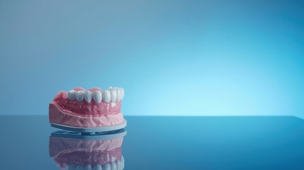 Anatomically correct 3D illustration of human jaw with healthy white teeth and pink gums. Dental hygiene, orthodontics or prosthesis concept.