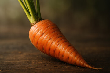 Fresh organic carrot on a rustic wooden surface with green stems