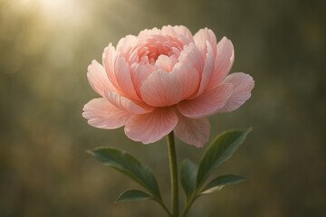 Beautiful pink peony flower in soft sunlight against a blurred background