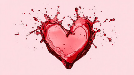 Creative high-speed splash of red liquid (wine, juice or blood) forming a heart symbol. Concept of love, vitality, Valentine's Day or cardiology on pastel background.