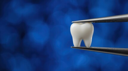 Close-up of tweezers holding a white molar tooth. Dental extraction, implant or prosthesis concept on dark blue bokeh background with copy space.