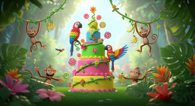 Vibrant jungle birthday cake with monkeys and colorful parrots - Powered by Adobe