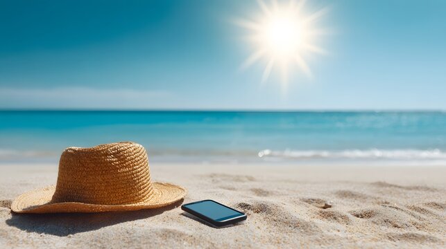 Woven straw sunhat and portable electronic device resting on sandy beach near turquoise ocean under bright daylight