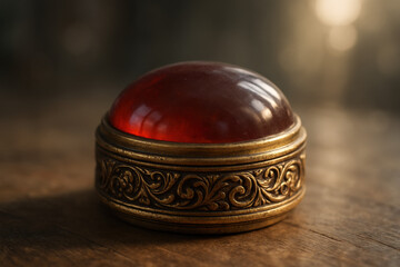 Ornate antique jewelry box with a red gemstone on a wooden surface