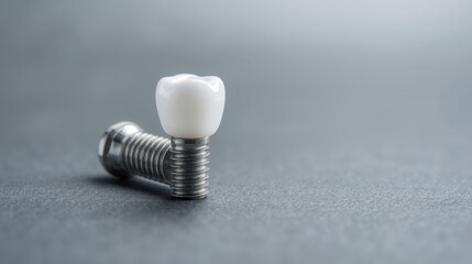 Macro shot of dental implant with white crown standing on grey surface. Concept of prosthodontics, oral surgery and biomechanics with copy space.