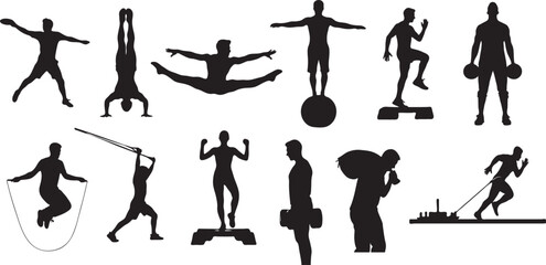 Silhouette collection of diverse fitness activities and exercises for health and wellness