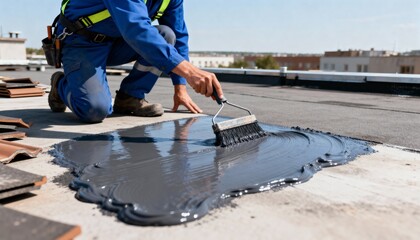Medium shot showing a contractor spreading waterproof roof coating on a flat roof ensuring complete water repellency and leak prevention.