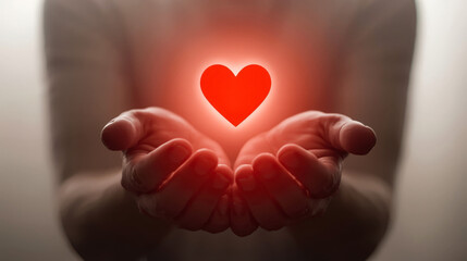 Silhouette of person holding a glowing red neon heart in cupped hands. Concept of charity, love, cardiology and hope on dark background.