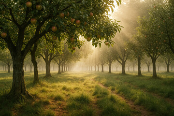 Sunlit apple orchard with rows of trees and a path leading into the distance