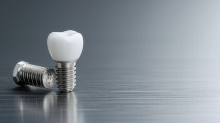 Macro shot of dental implant with white crown standing on grey surface. Concept of prosthodontics, oral surgery and biomechanics with copy space.