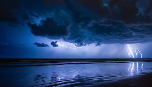Lightning strikes over a dark ocean and beach during a storm.