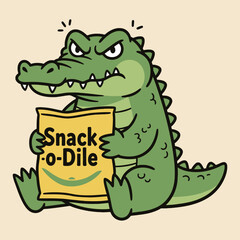 Naklejka premium Snack-o-Dile Pun Funny Angry Gator Protecting Food Mascot