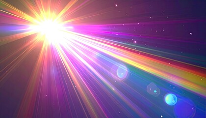Bright light bursts with colorful rays against darkness