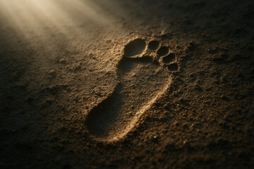 footprint in sand with sunlight, a symbol of journey and travel