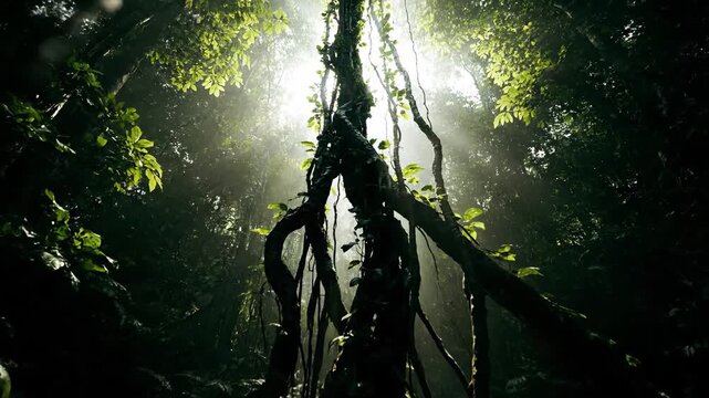 Lush jungle scene with sunlight shining through canopy, vines