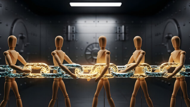 ブロックチェーンの鎖を繋ぎデータを守るデッサン人形たち