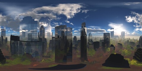 Autumn trees in the fog view from above. HDRI . equidistant projection. Spherical panorama. panorama 360. environment map, 3d rendering