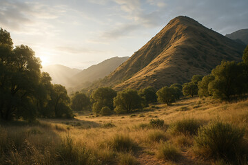 Golden hour landscape with mountains, trees, and a path