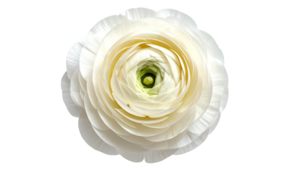 Close-up of a perfectly formed white flower with multiple delicate, overlapping petals