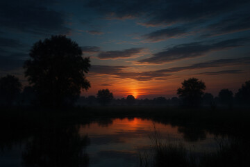Dramatic sunset over a tranquil lake with trees and beautiful reflections