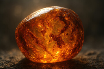 Close-up of a beautiful piece of amber with inclusions and a warm glow