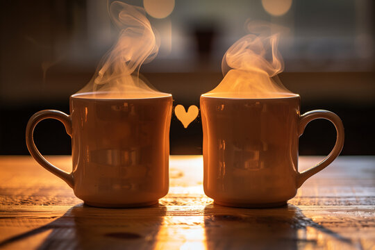 Duas xícaras com vapor formando coração iluminado, criando clima romântico, aconchegante e intimista, perfeito para temas de amor, encontros, cafés especiais e momentos afetivos