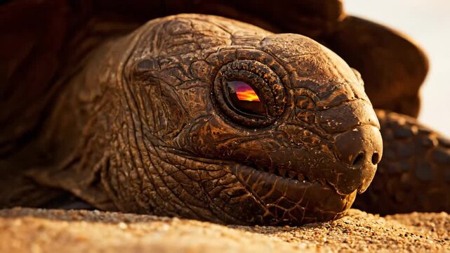 Close-up of a turtle head with sunset reflected in the eye