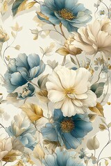 Fototapeta premium Romantic and delicate, luxurious seamless floral pattern featuring detailed blooming flowers, soft leaves, and graceful botanical vines