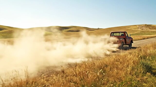 Battered vintage red pickup truck is racing down a desolate dirt road, creating a billowing cloud of dust in its wake. The scene unfolds amidst picturesque golden hills