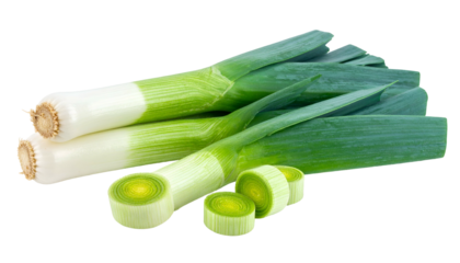 Bunch of fresh, cut, green-white vegetable stems; some whole and others sliced