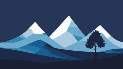 Stylized mountain landscape with a single tree against a twilight blue backdrop