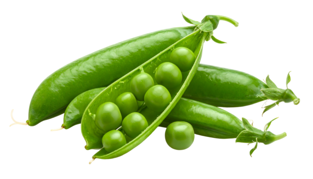 Close-up of several vibrant green pea pods, some open, revealing plump, round peas (1)
