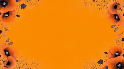 Vibrant floral border frames warm orange background decorative floral edge complements vivid orange backdrop