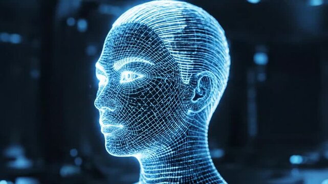Wireframe 3D Model Of A Woman's Face With Blue Grid Lines.