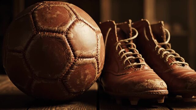 Antique soccer equipment displayed on a weathered wooden tabletop in a dimly lit room, showcasing a weathered leather ball and a pair of vintage football boots
