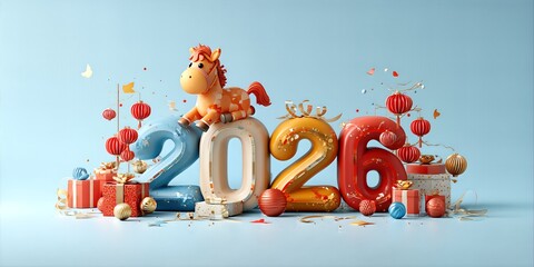 Festive 2026 Celebration with Colorful Decorations, Gifts, and a Cheerful Toy Horse