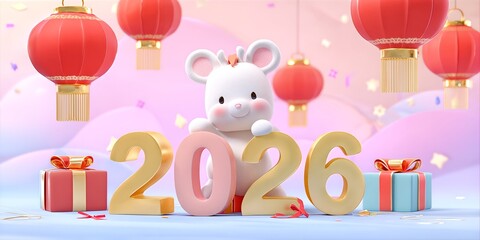 Cute 3D Mouse Character Celebrating New Year with Colorful Lanterns and Festive Decorations