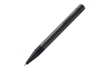 Dark grey digital stylus pen with button and textured grip isolated on a transparent background