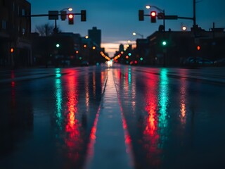 Nighttime city street scene with wet asphalt and colorful traffic lights