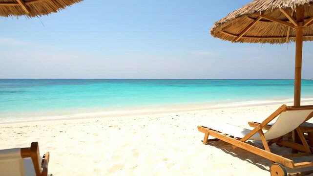 Tranquil vacation setting on a flawless white sandy beach. Unoccupied sunbeds and wicker umbrellas overlooking the peaceful azure sea under a bright sky