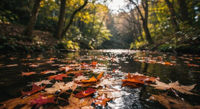 Fallen autumn leaves float upon the surface of a tranquil woodland stream