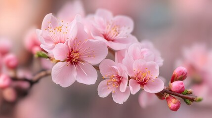 Fototapeta premium Delicate pink blossoms bloom vibrantly on a slender branch with unopened buds nearby