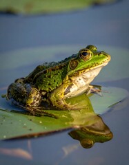 A green frog sits calmly on a lily pad in a body of water