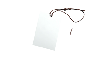 Plain rectangular white label with a leather cord, isolated against a solid black background