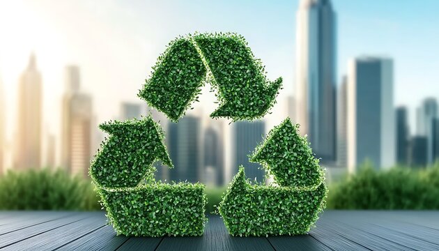 Leafy recycle symbol standing against cityscape promoting environmental sustainability
