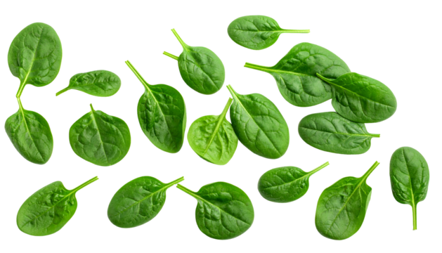 Top-down shot of vibrant green spinach leaves, cut out against a solid black background