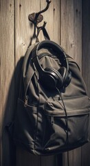 A backpack hanging on a metal hook with headphones draped over it against a wooden wall backdrop
