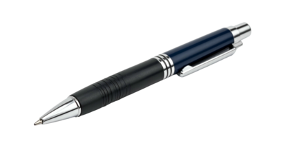 Sleek writing tool with a black grip, metallic accents, and a dark blue upper barrel